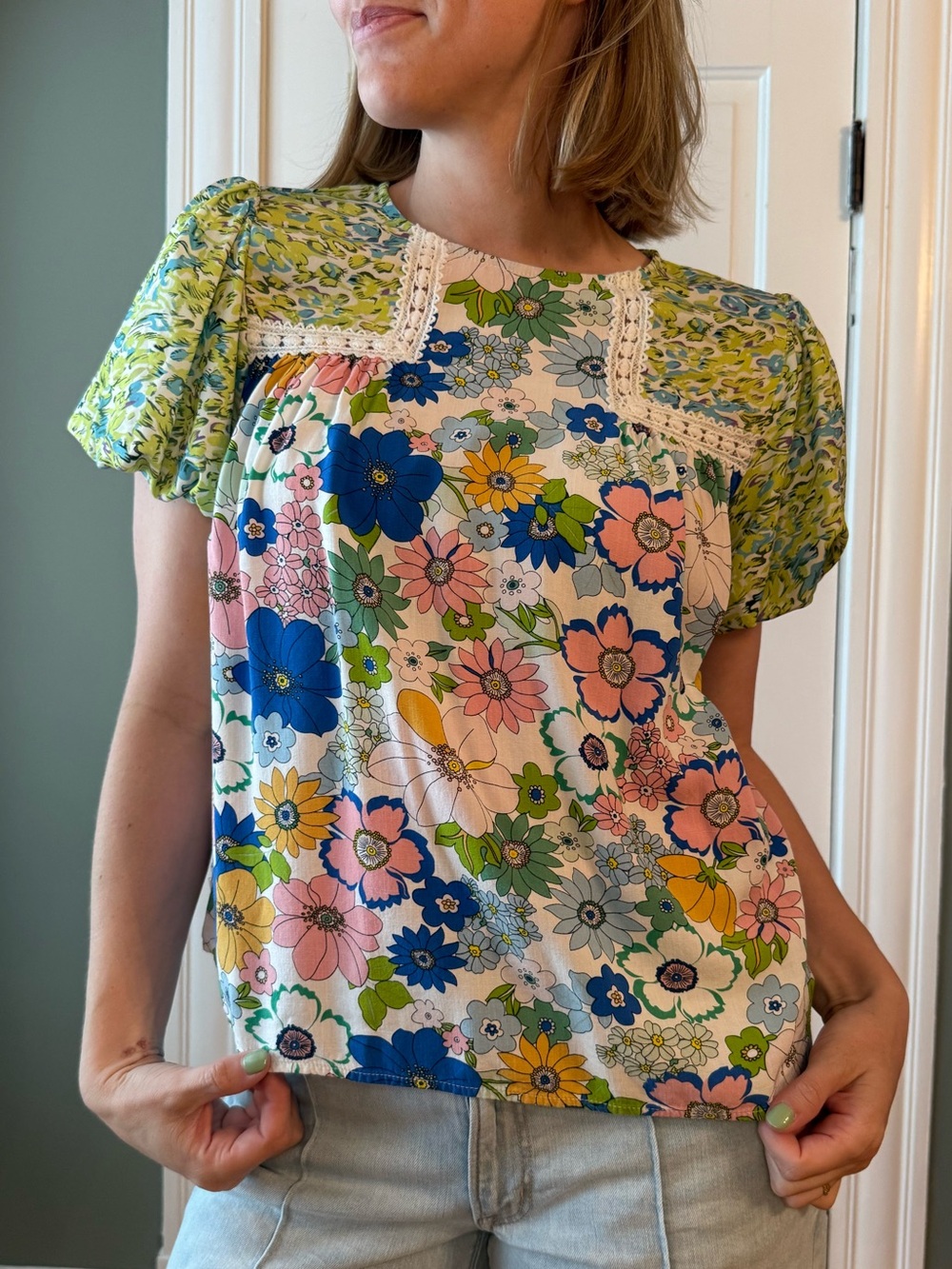 Floral Patchwork Short-Sleeve Women's Top — Multicolor